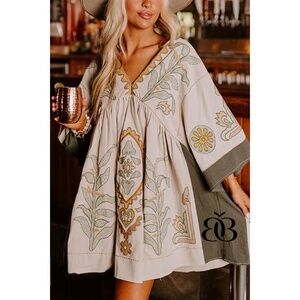 Beige & Green Boho Embroidered V Neck 3/4 Sleeve Babydoll Mini Dress